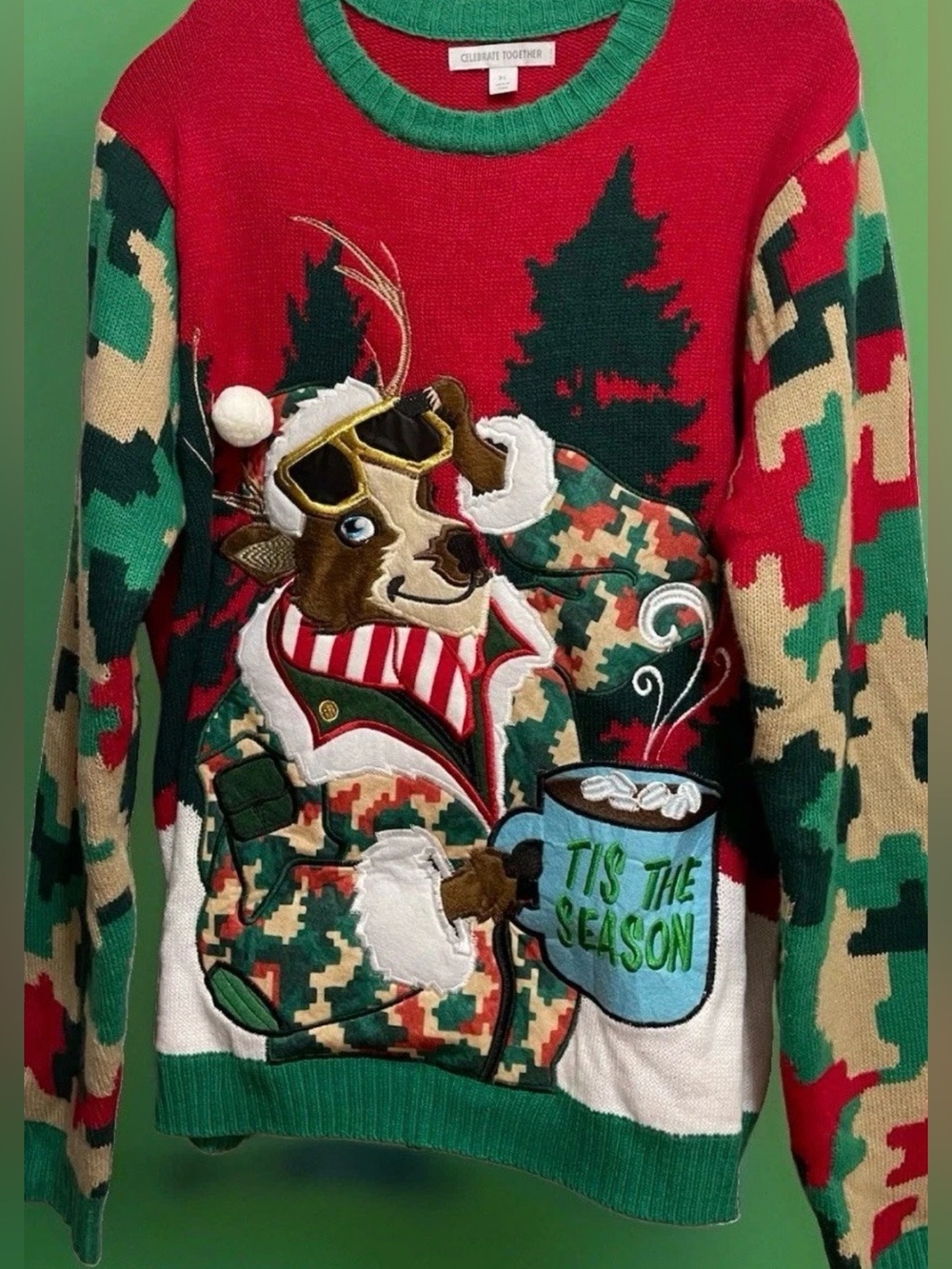 Celebrate Together Ugly Christmas Sweater Reindeer Red Green Camouflage Men's XL